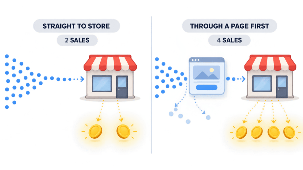 Two paths of click dots: sending traffic straight to the store yields two sales, while routing it through a page first loses a few clicks but yields four sales