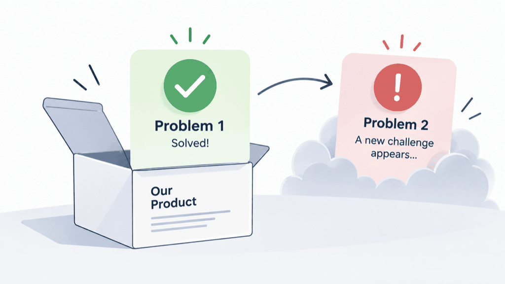 An opened product box with the first problem solved and the next problem appearing right behind it