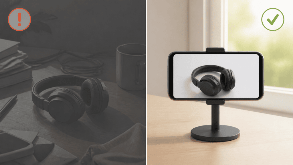 A before and after split showing the same headphones, a dim cluttered snapshot on the left and a crisp well-lit product photo taken by a window on the right with a check mark