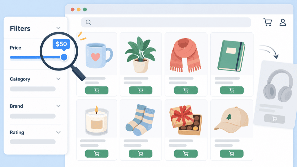 A shopping filter panel with a price slider set to a maximum of fifty dollars, cheaper gifts staying in view while an over-budget item greys out and drops away