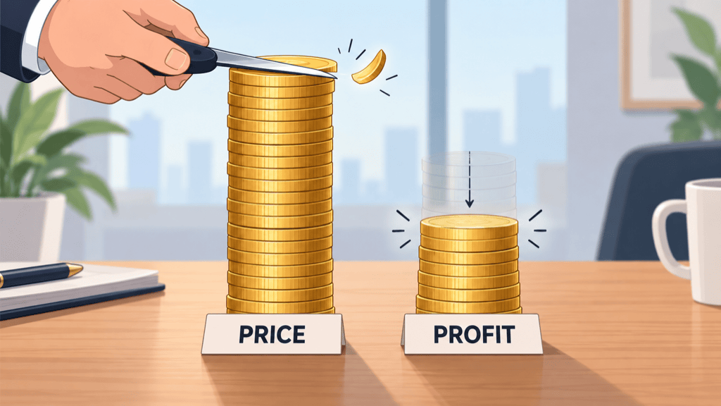 A tall stack of coins labelled price with a thin sliver shaved off the top, beside a shorter profit stack collapsing to half its height