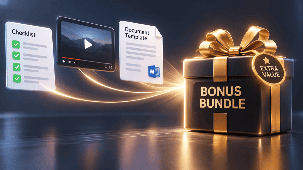 A checklist, a short video, and a template combining into one gift-wrapped bonus bundle