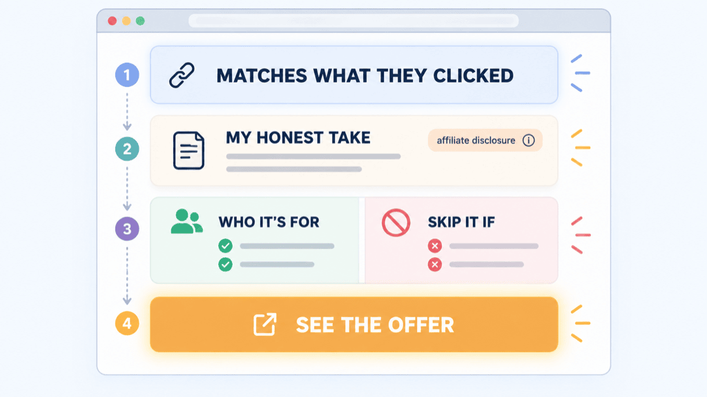 A landing page assembling as four blocks light up in order: a matching headline, an honest take with an affiliate disclosure tag, a who-it's-for panel, and a call-to-action button