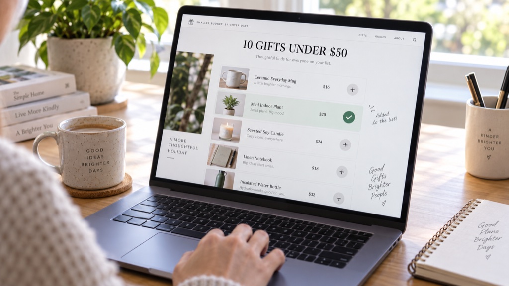 A laptop showing a live gift-guide page titled 10 Gifts Under 50 dollars with a disclosure line at the top and a check mark landing on one product as it is approved onto the list