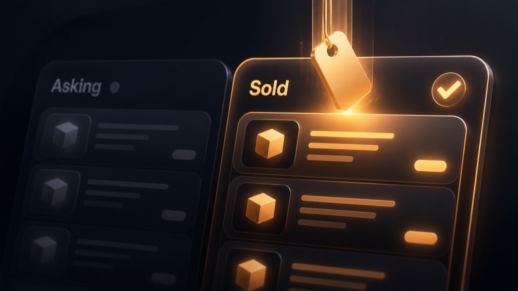A marketplace listings screen with a dimmed Asking column on the left and a glowing highlighted Sold column with a check mark on the right, a price tag dropping into the Sold column