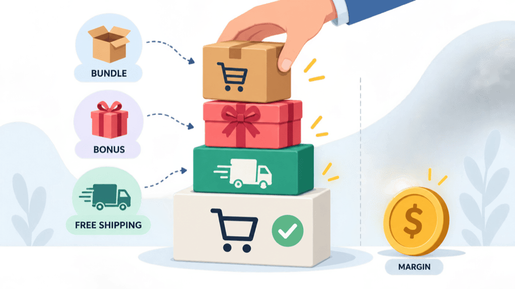 A hand stacking a bundle, a bonus and a free shipping tag onto an offer so it grows taller while a single margin coin stays in place beside it