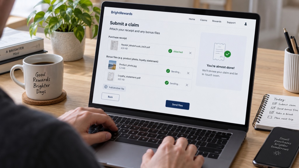 A laptop showing a simple claim-page form where a buyer has attached their receipt to collect the bonuses