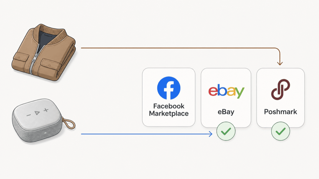 A folded jacket and a small gadget travelling along arrows toward three marketplace tiles labelled Facebook Marketplace, eBay and Poshmark, the jacket routing to Poshmark and the gadget to eBay