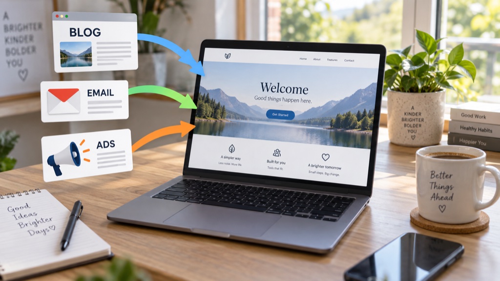 A laptop showing one welcome page fed by three labelled sources: a blog, an email, and paid ads