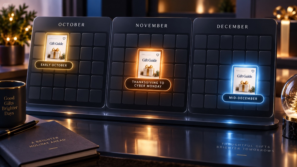 A glossy calendar spanning October to December mostly dim, with three date blocks lit up for early October, Thanksgiving to Cyber Monday, and mid-December, each showing the same gift-guide page