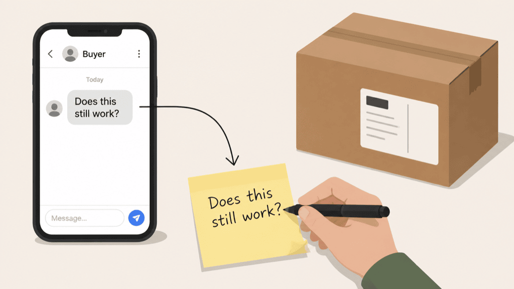 A phone showing a buyer chat bubble asking does this still work being written onto a sticky note, beside a sealed cardboard parcel with a shipping label
