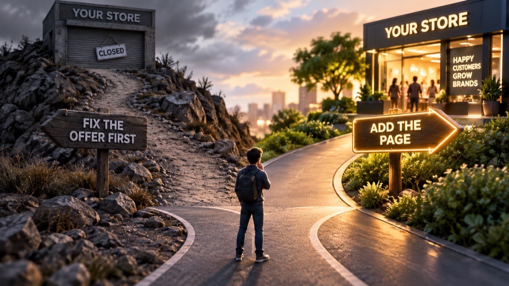 A visitor at a fork in the road choosing between a sign reading Fix the Offer First and a sign reading Add the Page leading to a busy store