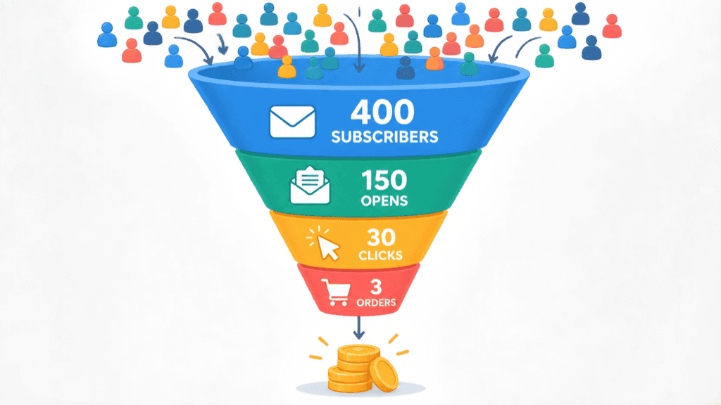 A funnel narrowing from 400 subscribers at the top down through 150 opens, 30 clicks and 3 orders, ending in a small modest stack of gold coins
