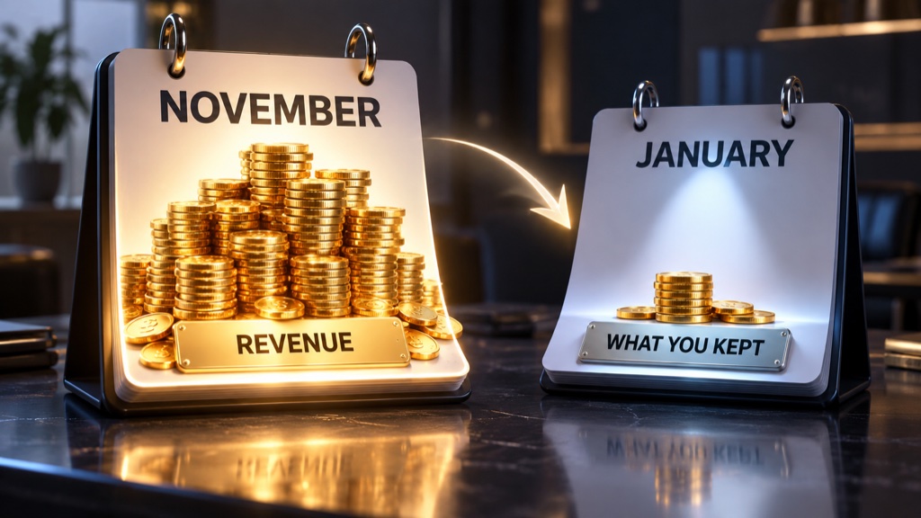 A wall calendar flipping from a November revenue page piled high with coins to a smaller January what you kept page holding a much shorter coin stack