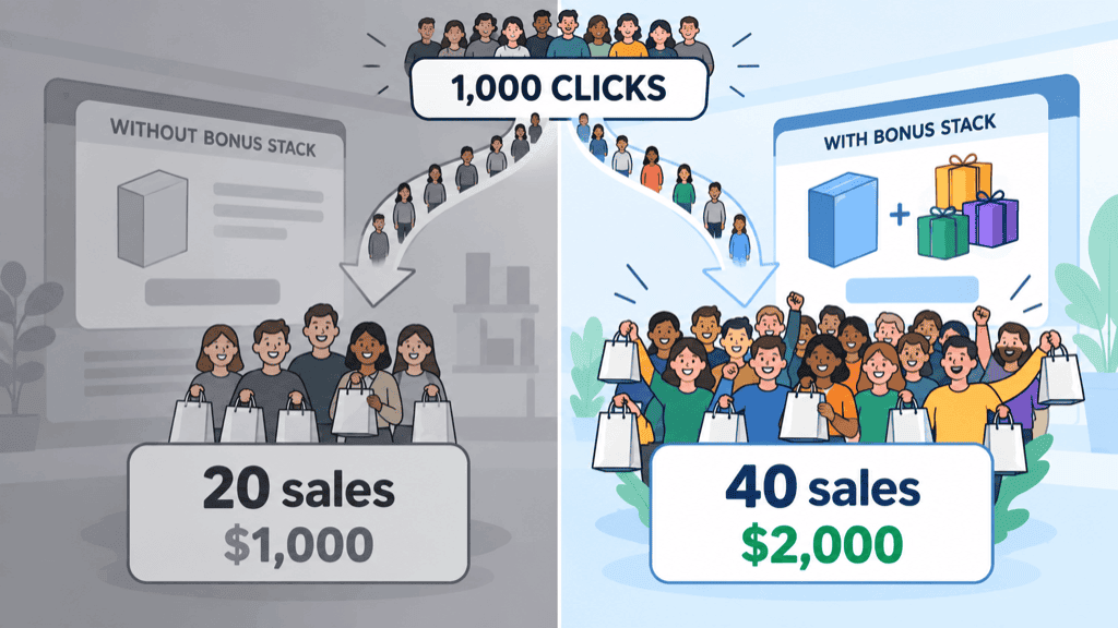 The same 1,000 clicks splitting into 20 sales and $1,000 without a stack versus 40 sales and $2,000 with one