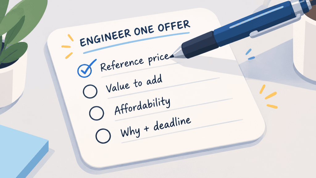 A note card titled engineer one offer with four checklist lines and a pen resting on it filling in the first line