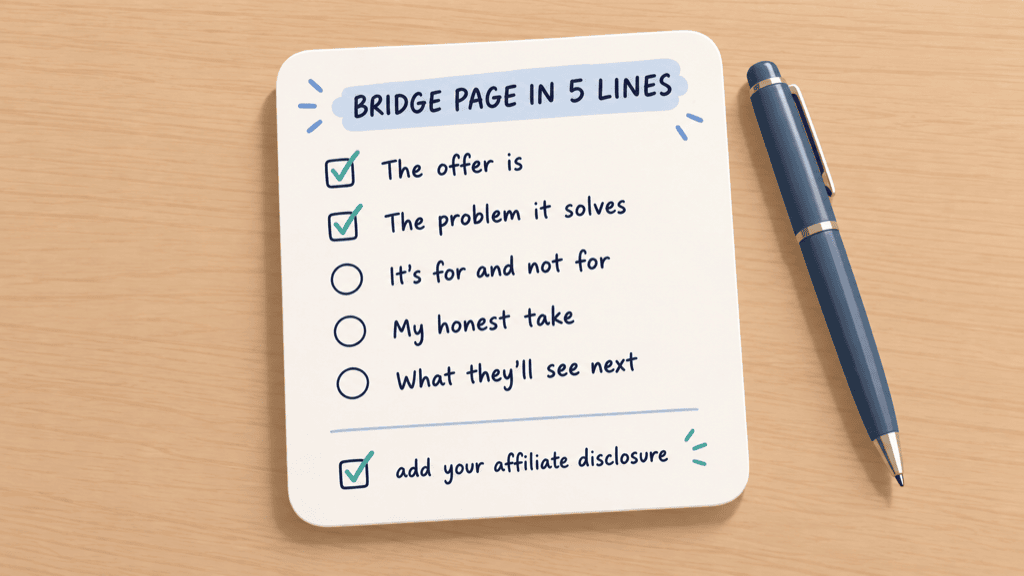 A note card headed Bridge Page in 5 Lines with the fill-in-the-blank lines being completed by hand and an affiliate disclosure reminder ticked