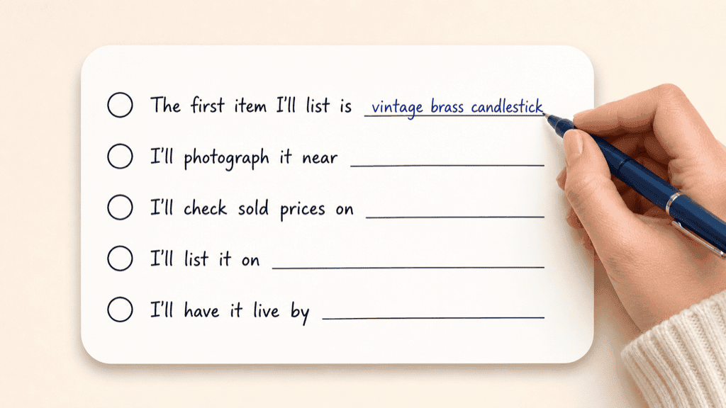 A handwritten note card with five lines each ending in a blank, the first line being filled in by hand with a pen, the rest still waiting with open circles beside them