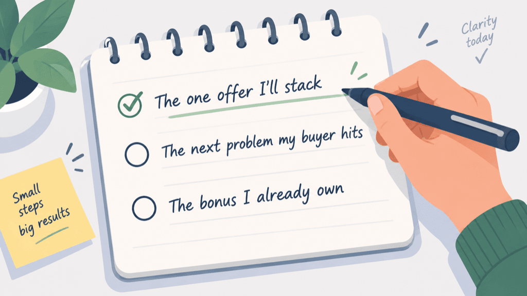 A notepad with the three quick-win lines being filled in by hand