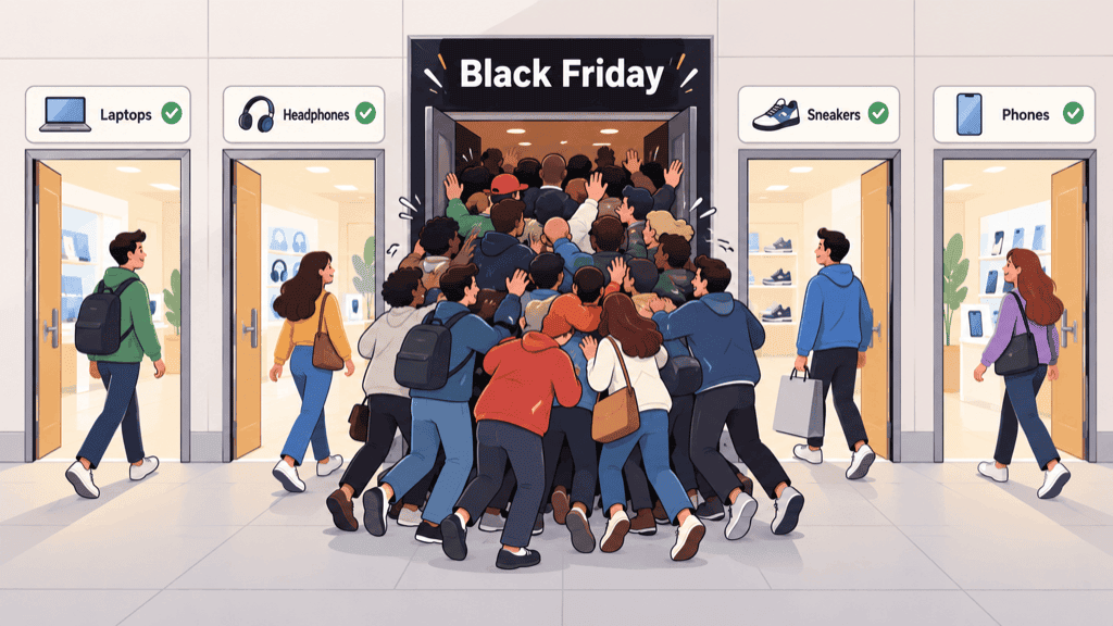 A crowd of figures jamming into one doorway labelled Black Friday while a few calm figures walk through quieter open side doors