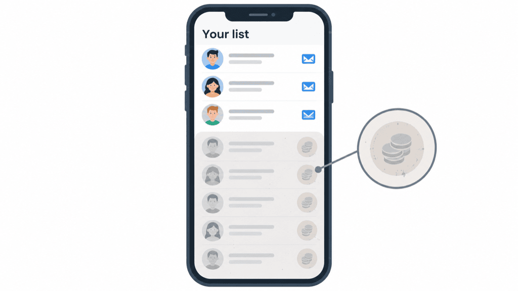 A phone subscriber list with the top contacts bright and active and a large group below dimmed, dusty and cold, each wearing a faded coin badge