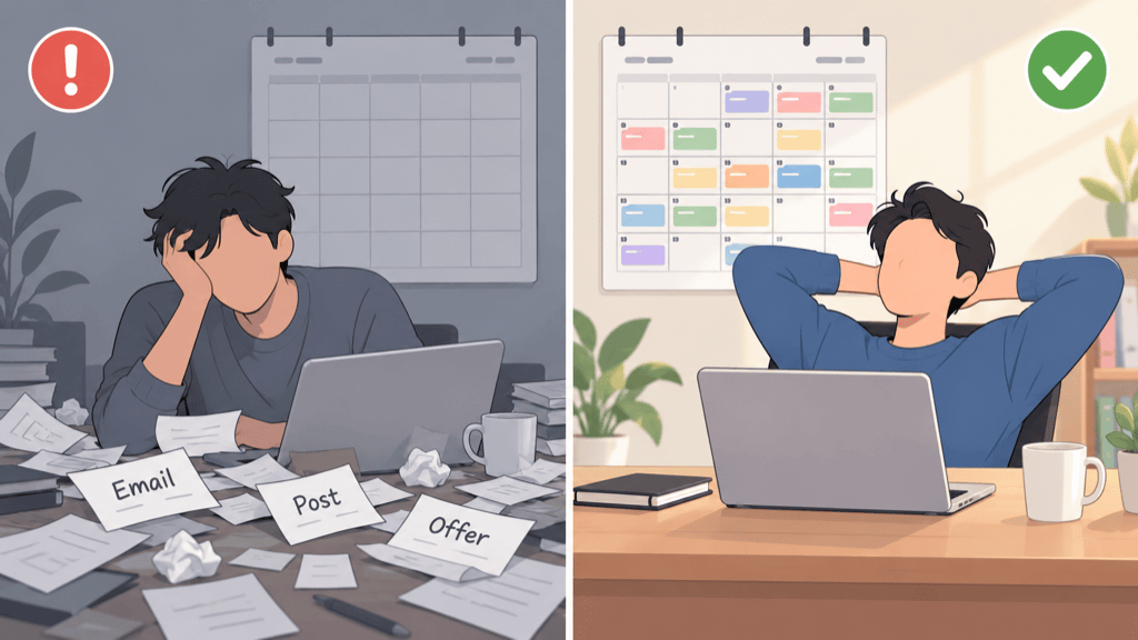 Before and after: a tired seller with scattered promo pieces and a blank calendar, versus a filled, dated holiday calendar