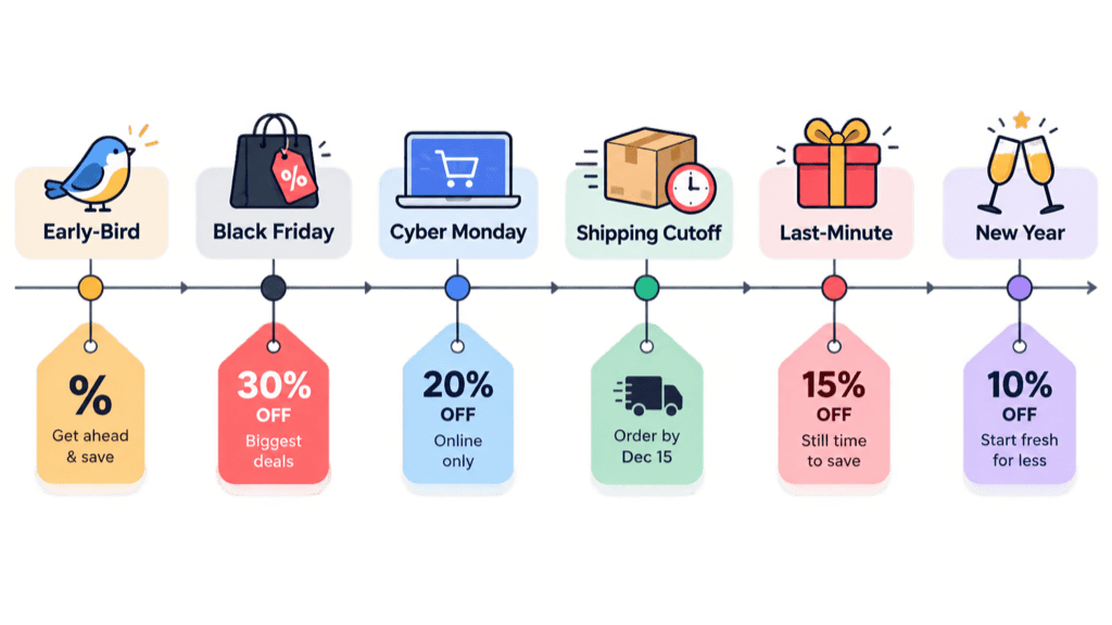 A holiday timeline with a promo tag pinned to each money date, from early-bird through New Year