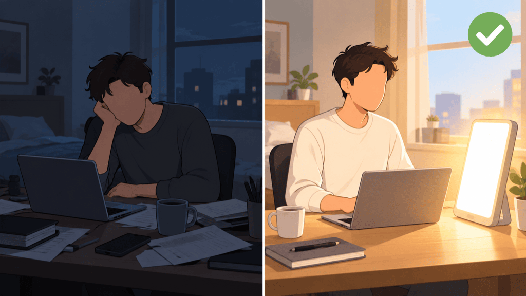 Before and after: a slumped figure in a dim evening room, then the same figure upright and brightened beside a switched-on light therapy lamp