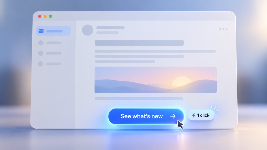 A plain, calm email with a single link button glowing and highlighted as the one clear action, with a small 1 click badge beside it