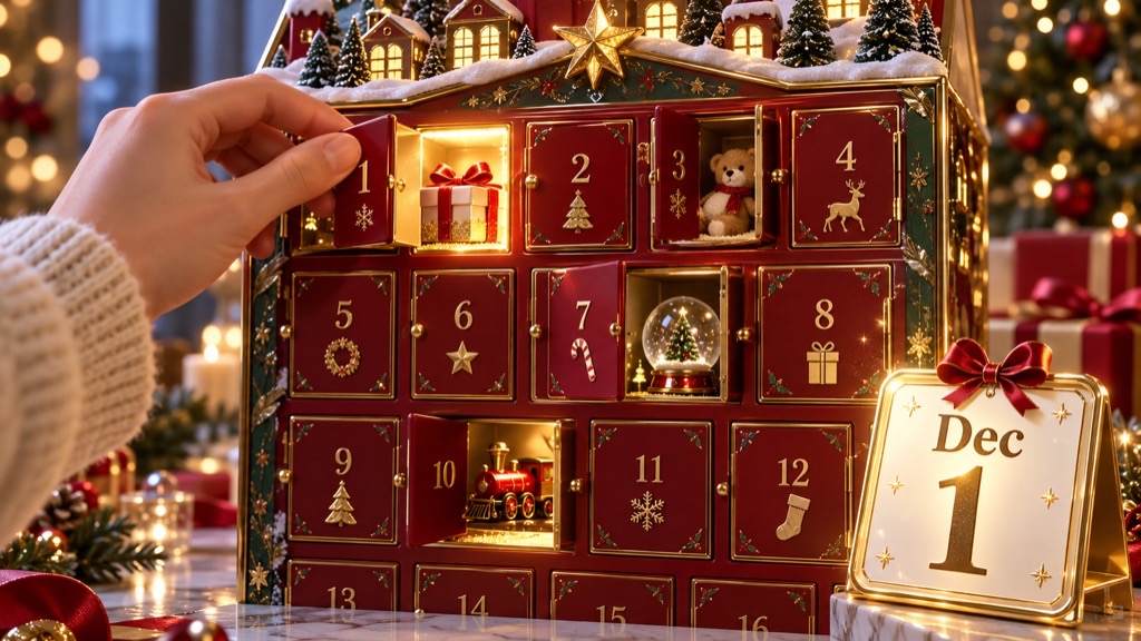 A 3D advent calendar with a hand opening the door numbered 1 to reveal a small gift, and a Dec 1 deadline marker