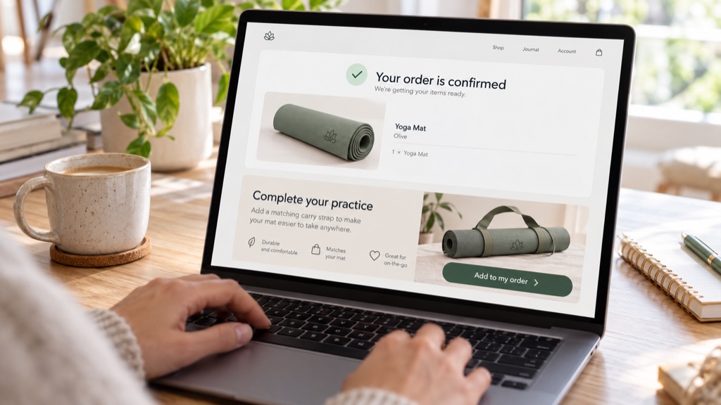 A laptop showing a confirmed yoga-mat order with a matching carry-strap add-on and an 
