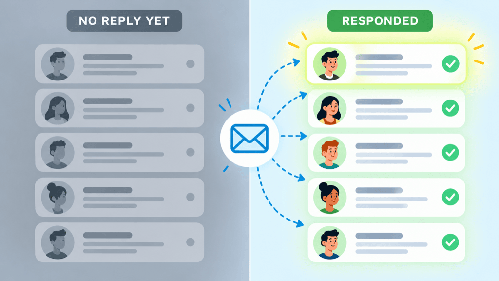 Click signals flying back from a sent email and sorting the cold list into a bright Responded group and a faded No Reply Yet group
