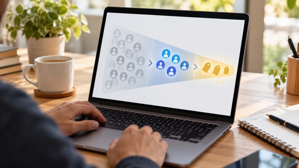 A laptop screen showing a clean funnel narrowing across three stages, from a wide pile of faded contacts to a smaller bright group to a few glowing sale tags