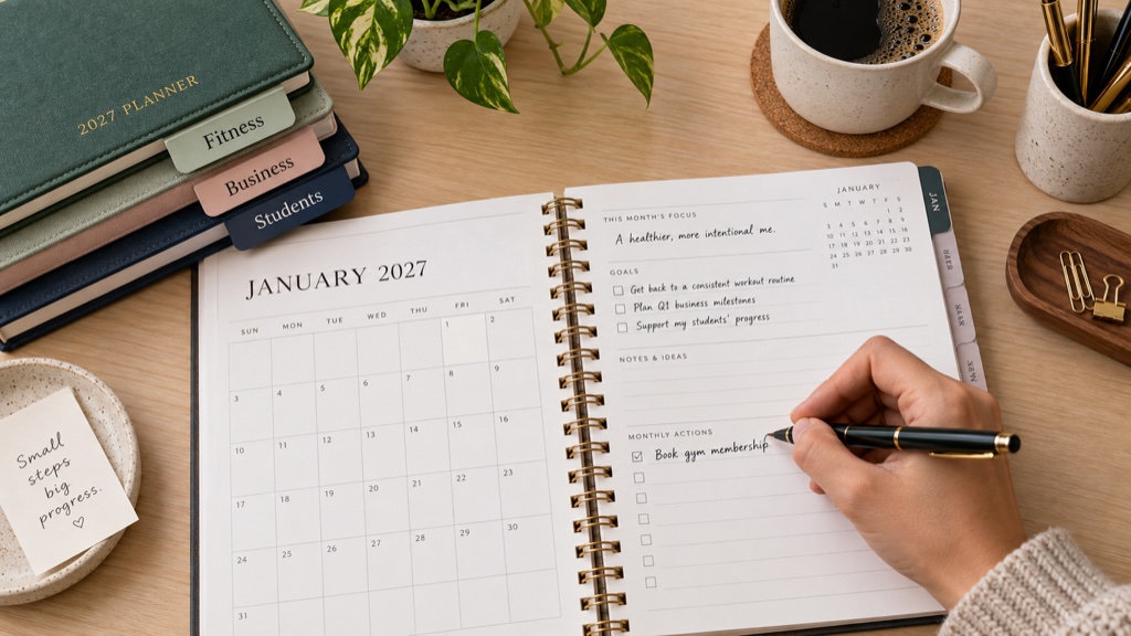 An open 2027 planner on a tidy desk with a pen writing the first January entry and a stack of planners tabbed Fitness, Business, and Students