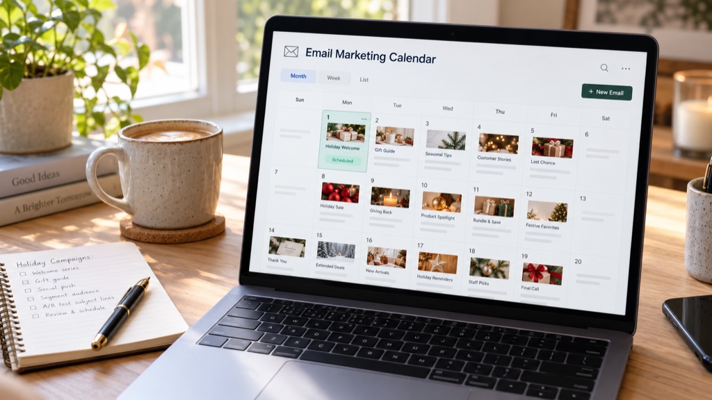 An email tool calendar of holiday sends with the first email marked scheduled
