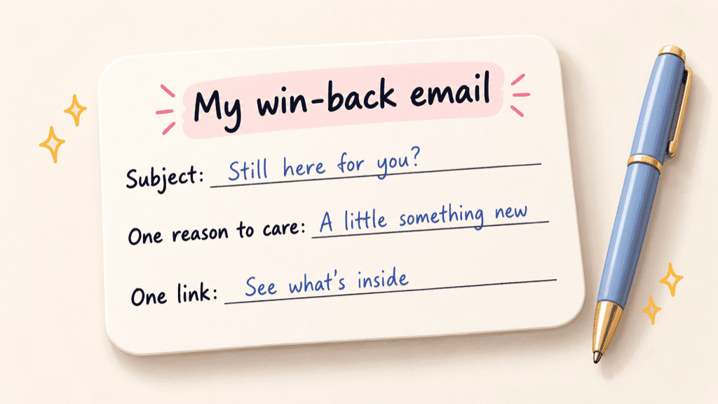 A handwritten note card headed My win-back email with three fill-in lines for the subject, one reason to care, and one link, a pen resting beside it