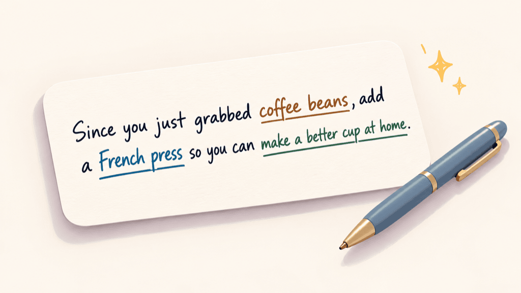 A handwritten note card filling in the line 