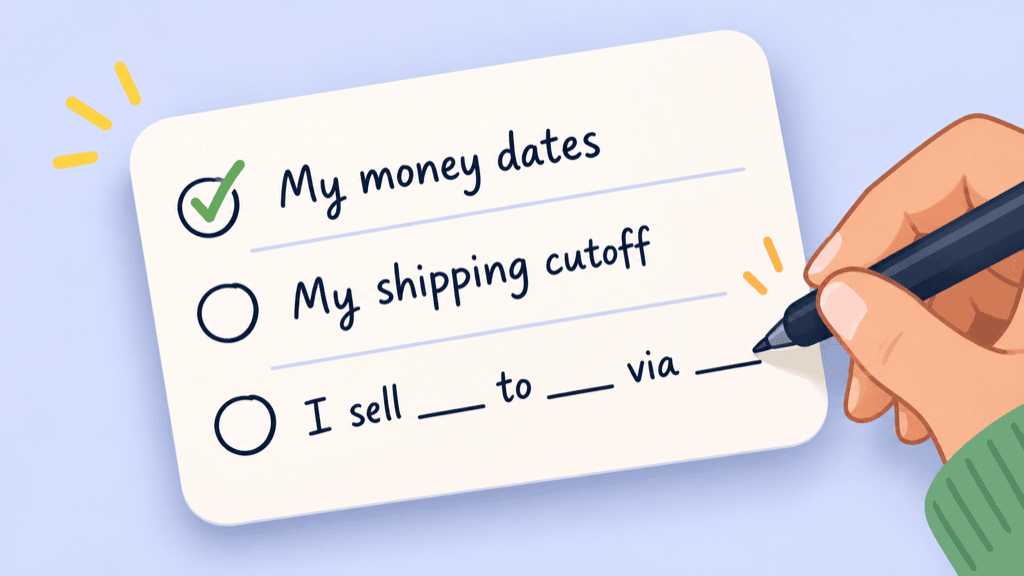 A quick-win note card: money dates, shipping cutoff, and a one-line business summary being filled in by hand